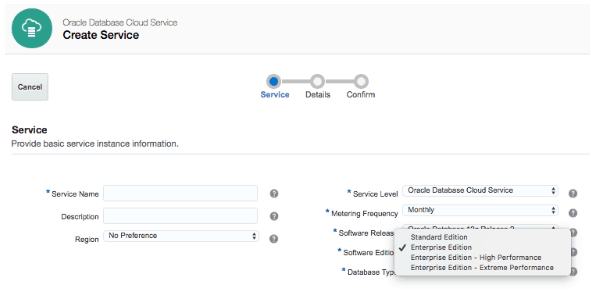 Software editions on oracle cloud database service