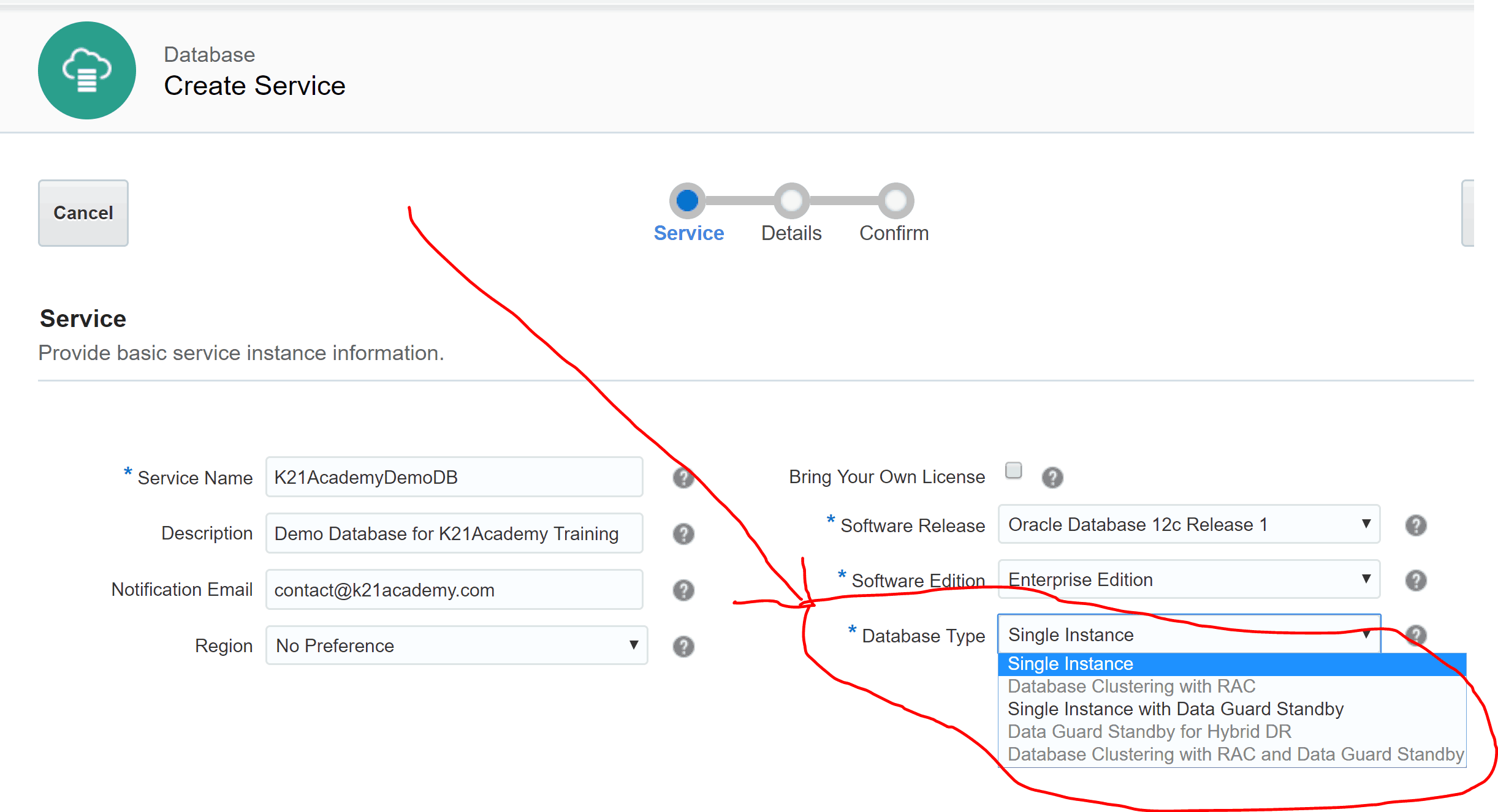 Choose from Database Type