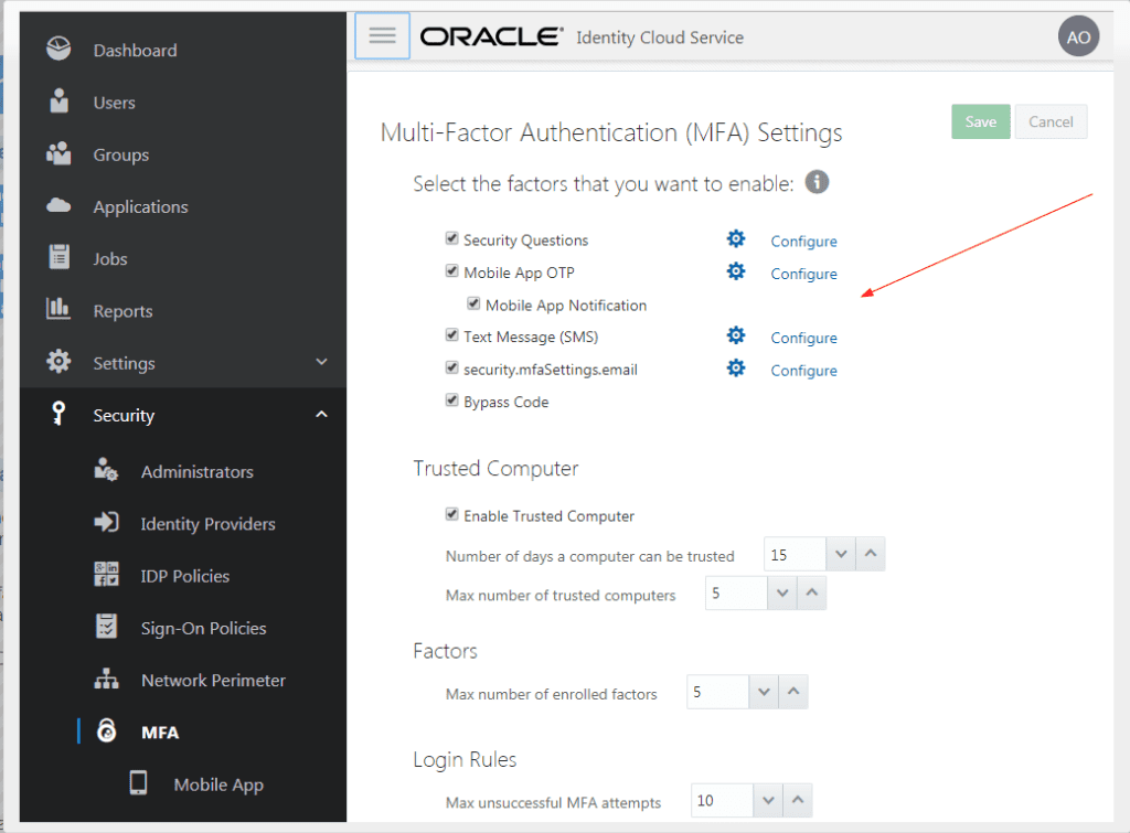 Oracle Identity Cloud Service MFA settings
