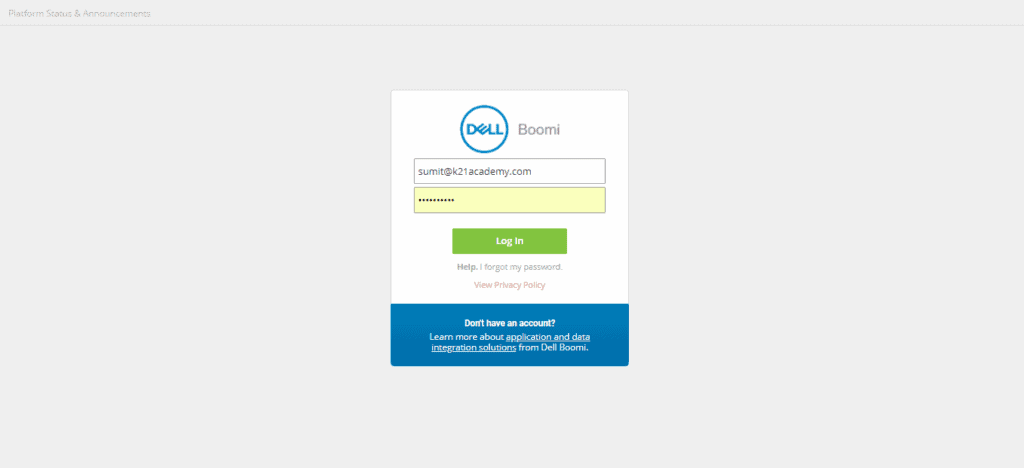 Dell Boomi Login Screen
