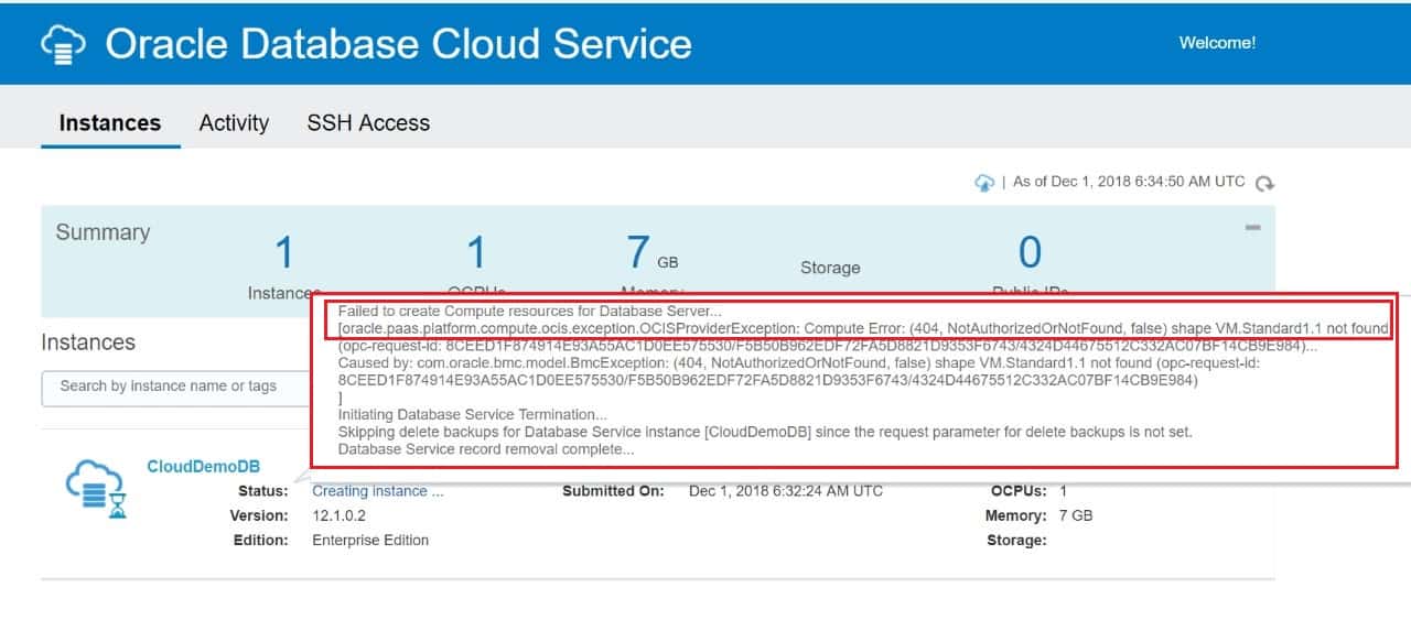 Database Creation Failed With Error