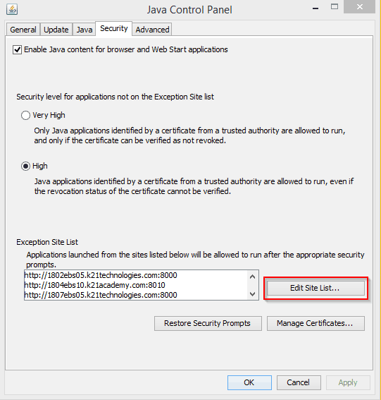 Edit site list in java control panel security tab