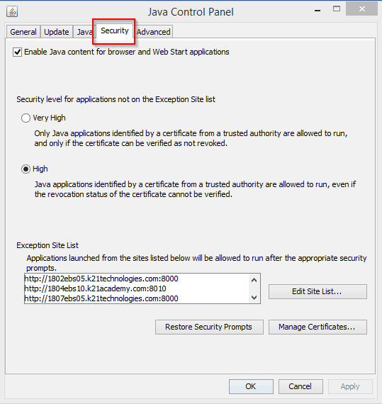 Security Tab in Java control panel