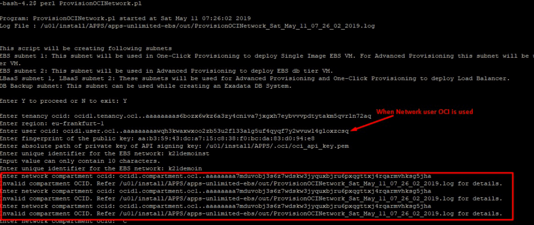 Network compartment invalid OCID