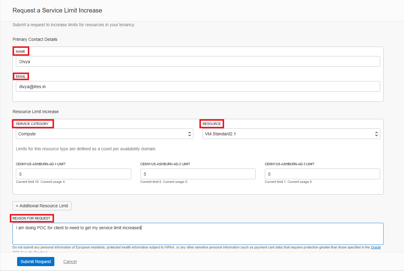 Service Limit in Oracle Cloud Infrastructure