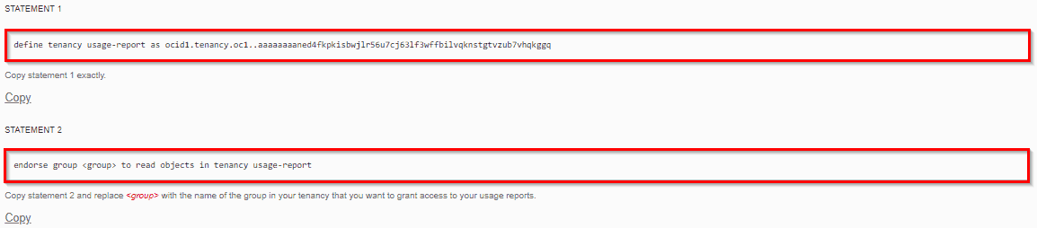 Policy statements for usage report