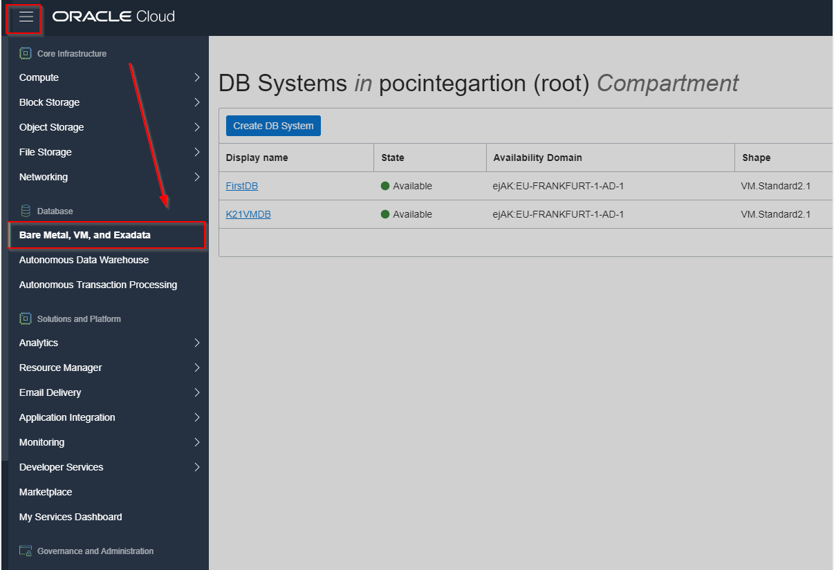 Navigation to Database in OCI