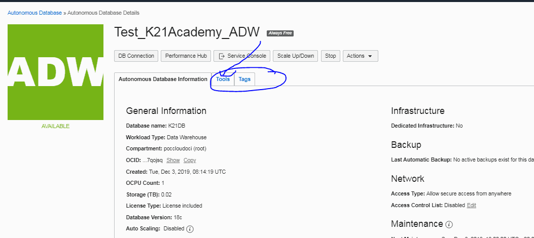 access SQL Developer Web from the Oracle Cloud Infrastructure console