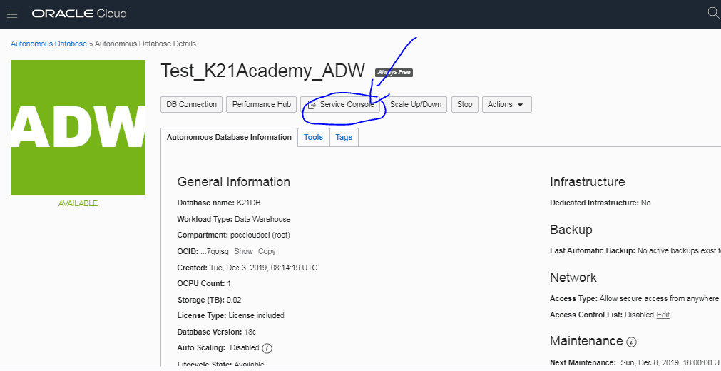 access SQL Developer Web from the Autonomous Data Warehouse Service Console