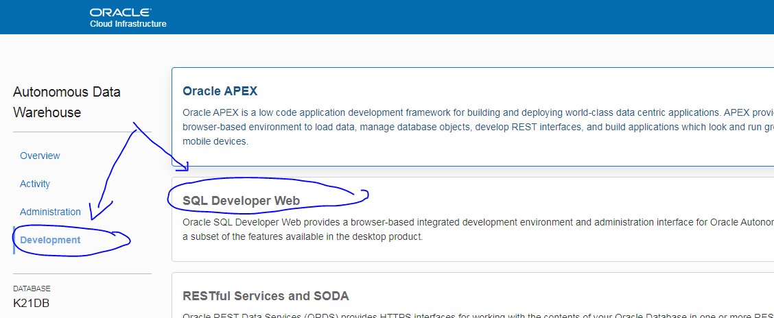 access SQL Developer Web from the Autonomous Data Warehouse Service Console