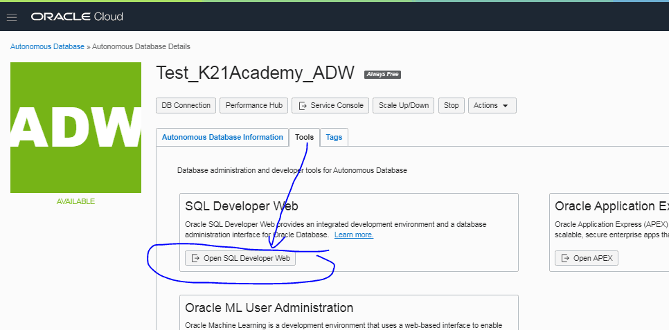 access SQL Developer Web from the Oracle Cloud Infrastructure console
