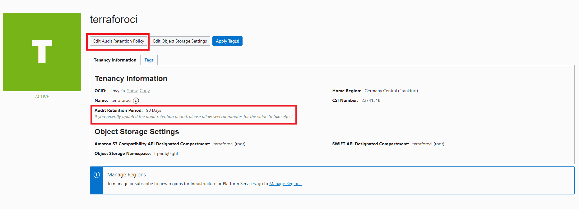 edit audit retention policy