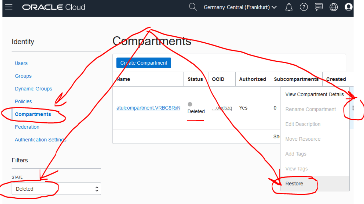 Restore Compt.in OCI
