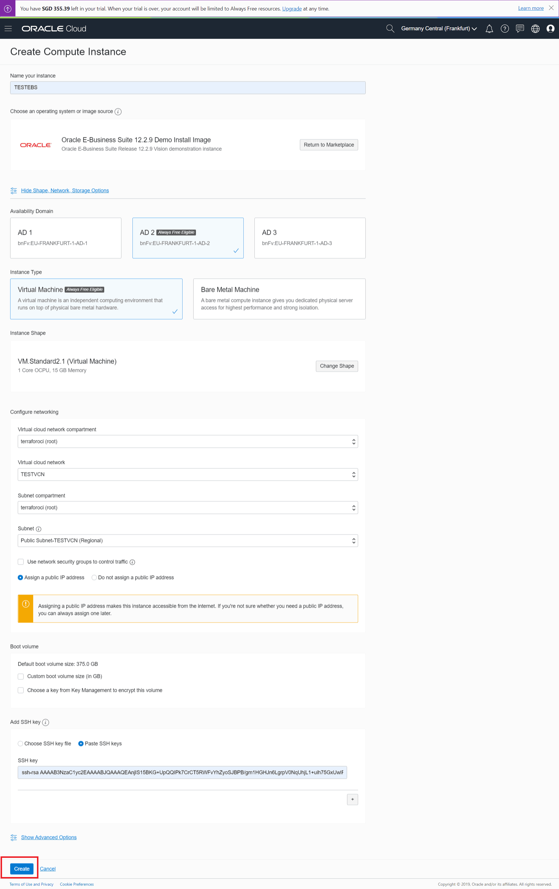 EBS On Oracle Cloud creating instance