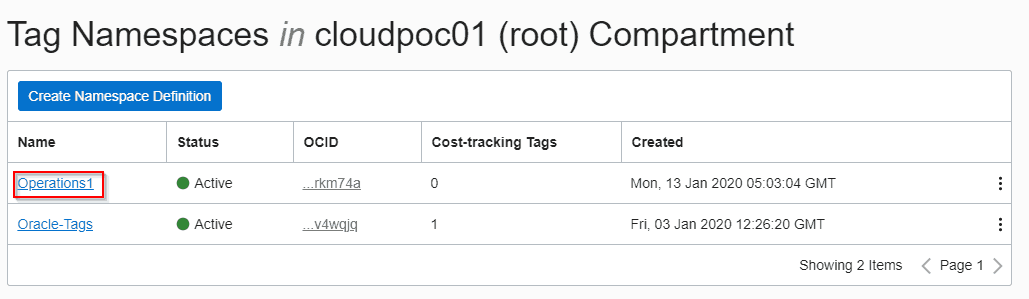 selecting namspace to create tag