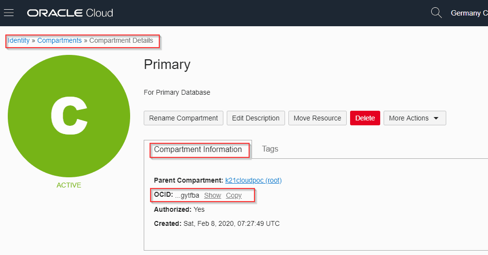 OCID of compartment
