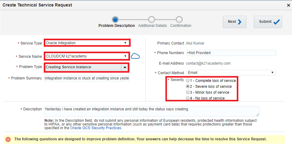 creating technical service request