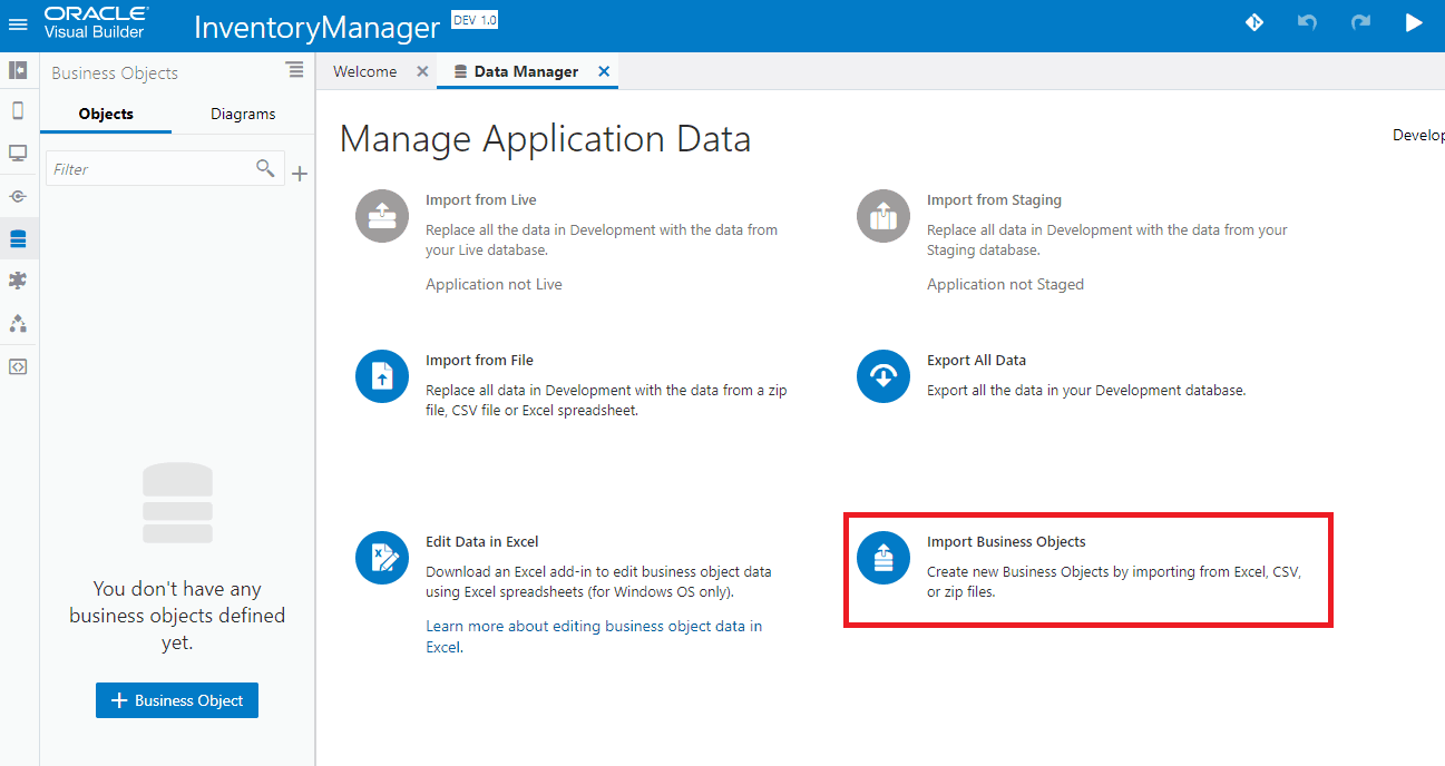 Import Business Data Visual Builder Cloud Service VBCS