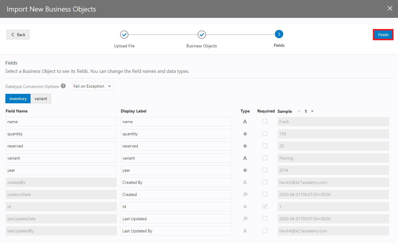 Import Business Data Visual Builder Cloud Service VBCS