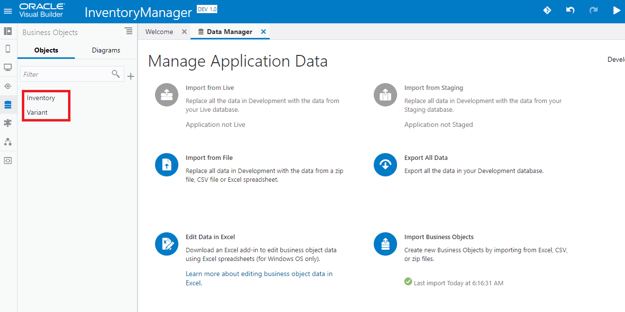 Import Business Data Visual Builder Cloud Service VBCS