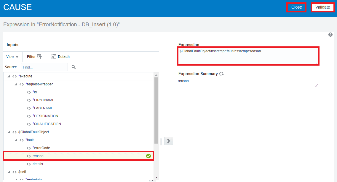 25. Drag and drop reason from source to expression box then click on validate then close