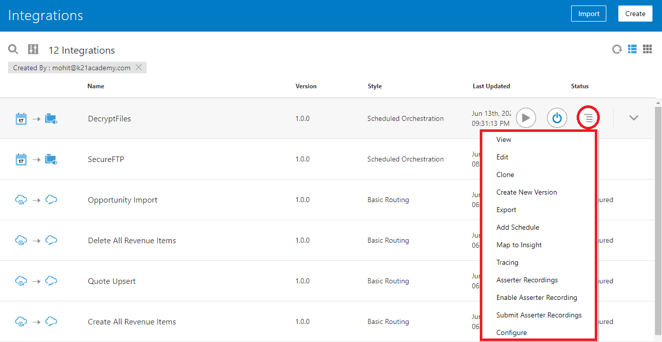 Oracle Integartion Cloud oic more options