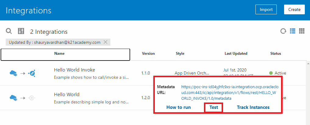 OIC oracle Integration cloud Invoking integration testing