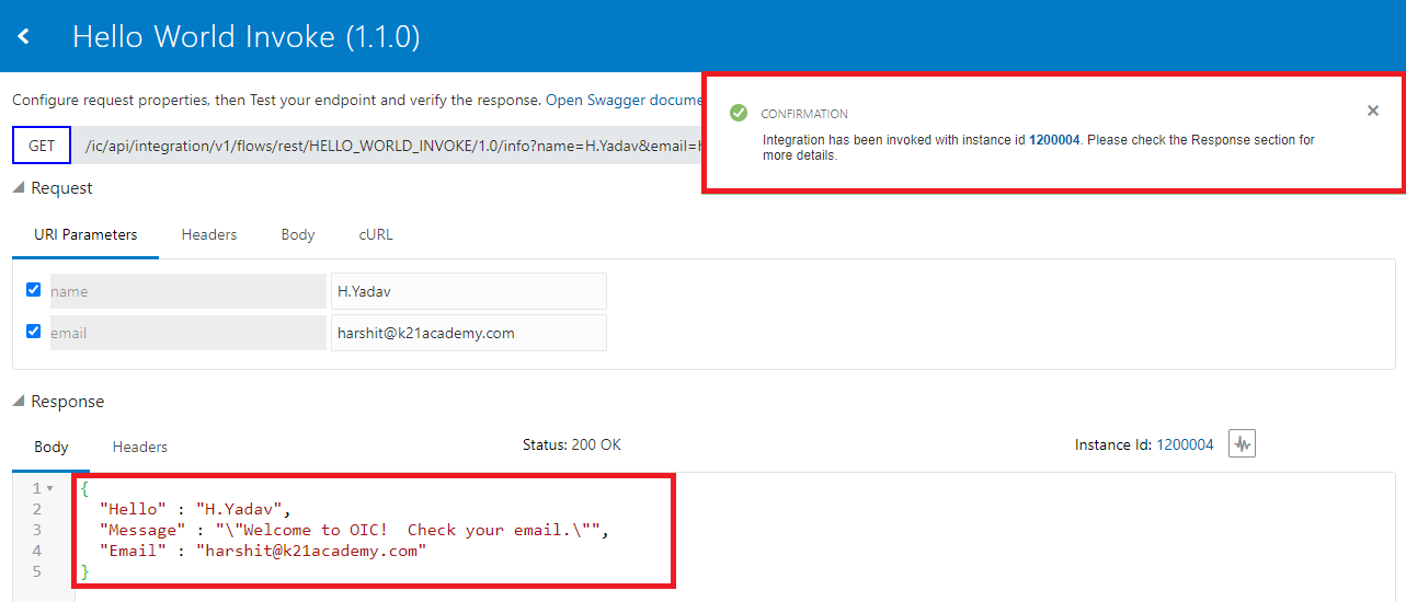 OIC oracle Integration cloud Invoking integration by call action testing