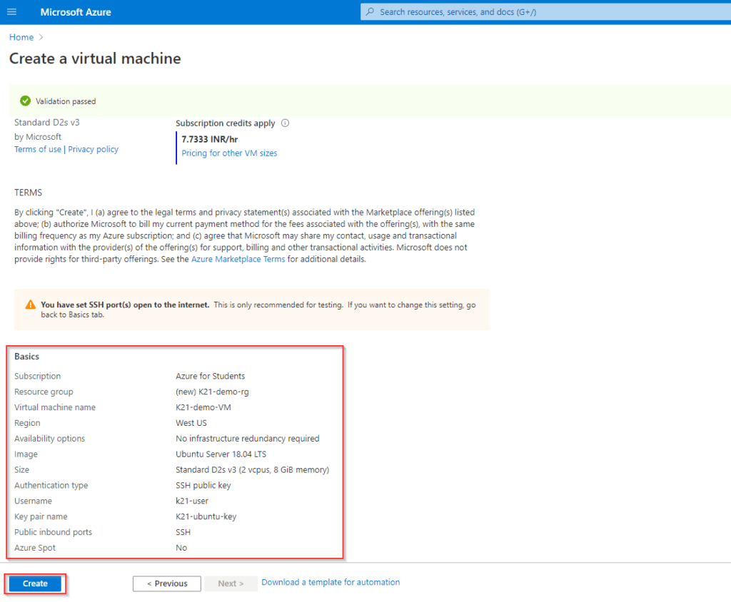 VM review and create