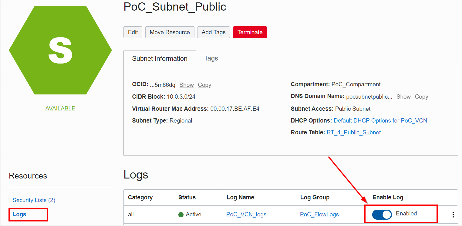 subnet log tab