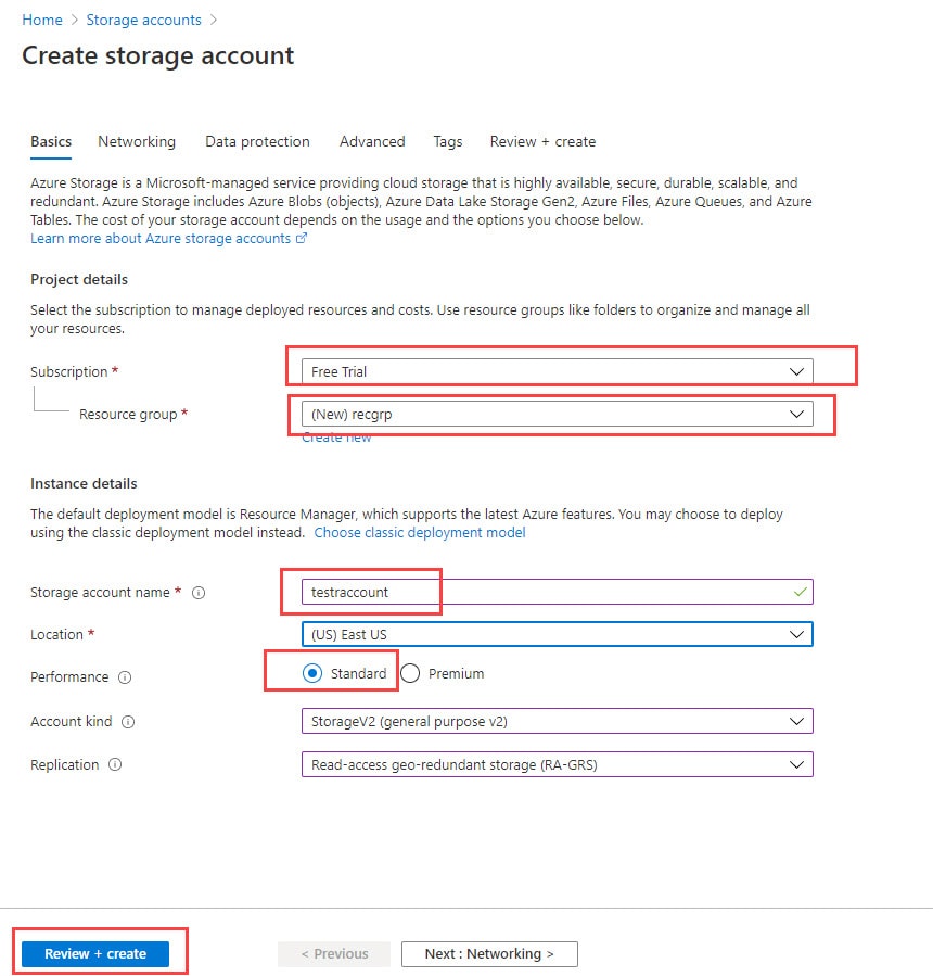 Azure storage basics tab