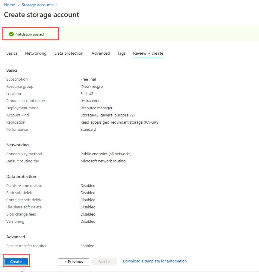 Azure storage validation