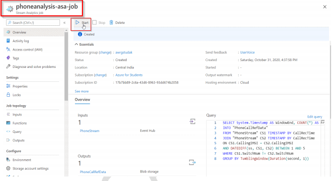 Start stream analytics job