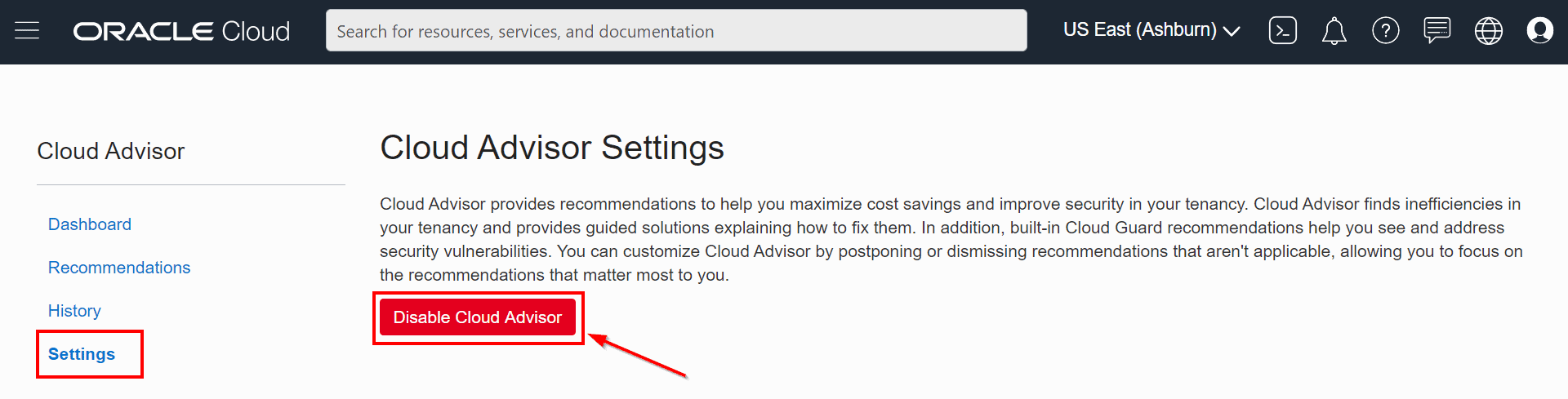 cloud advisor settings