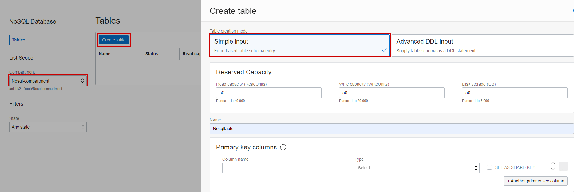 create nosql table