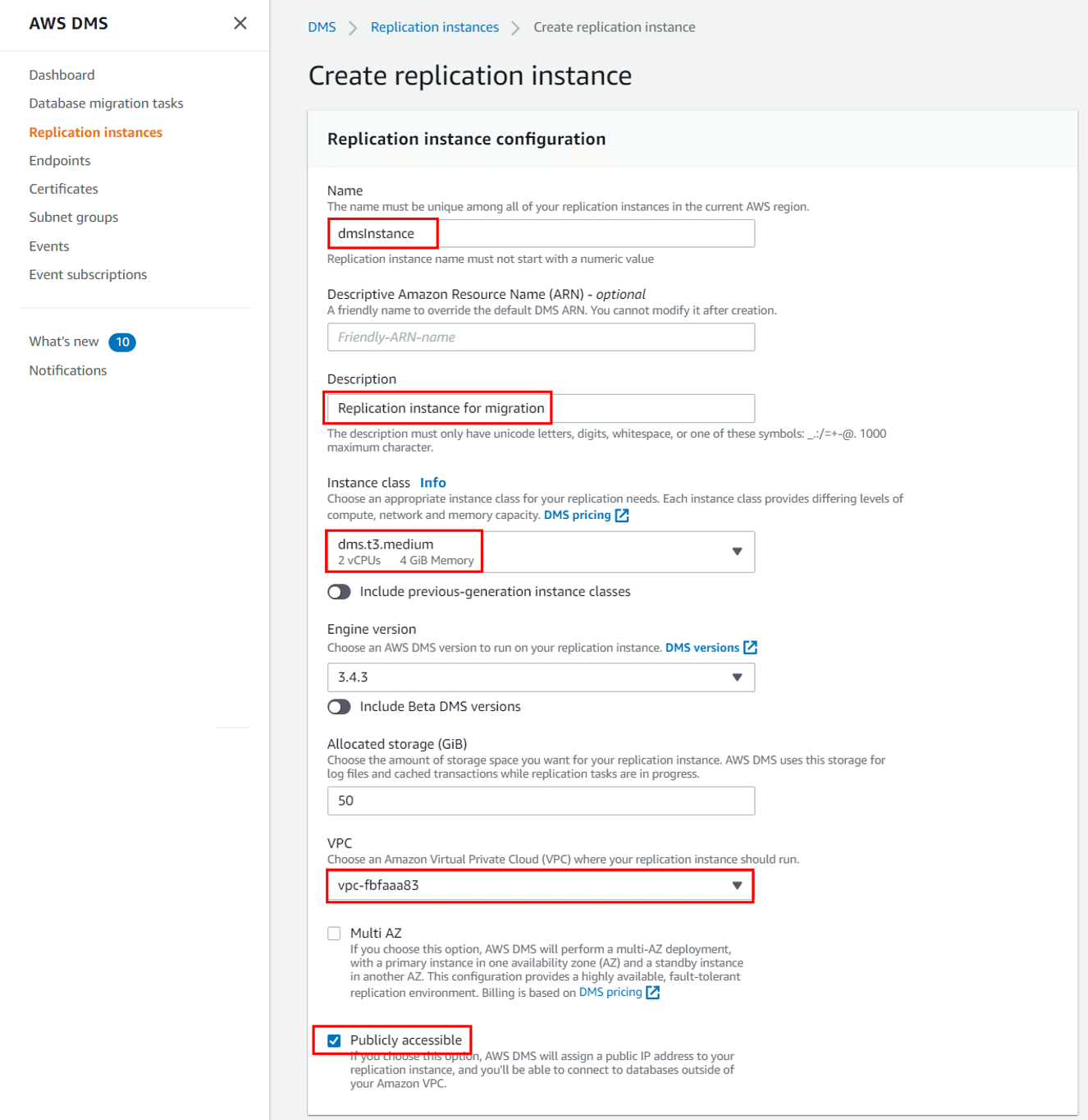 create replication instance