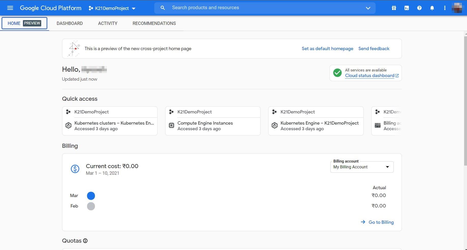 Google Cloud Platform Console Homepage