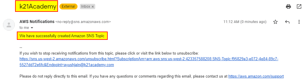 Mail of getting aws notification