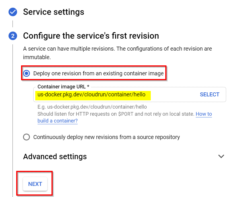 Step 5: configure service's first revision