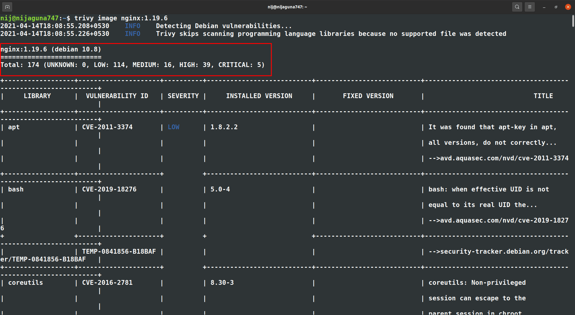 Trivy nginx scanning result