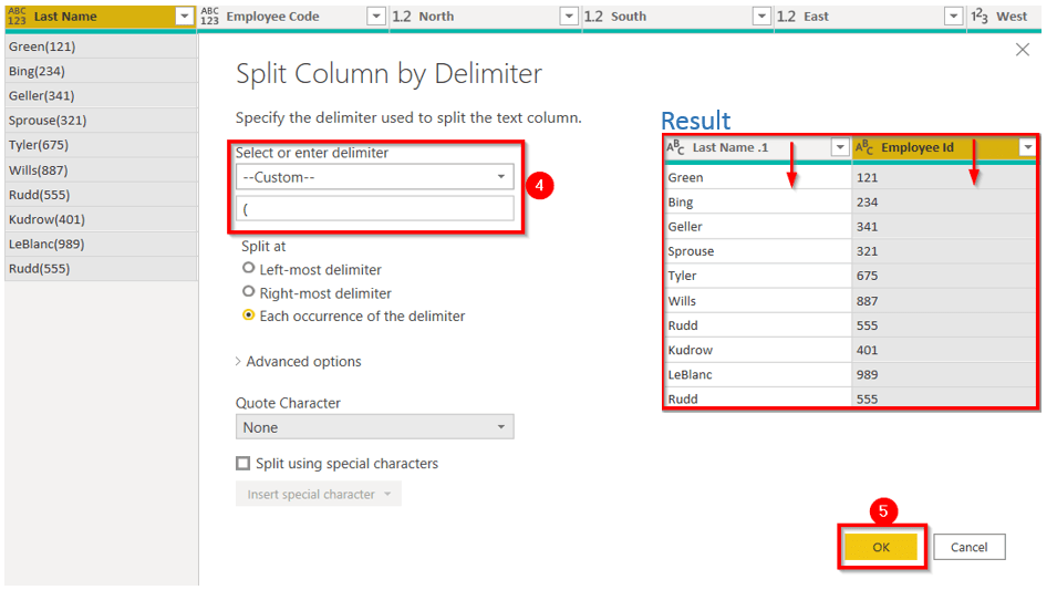 Power BI transform data - Split Column