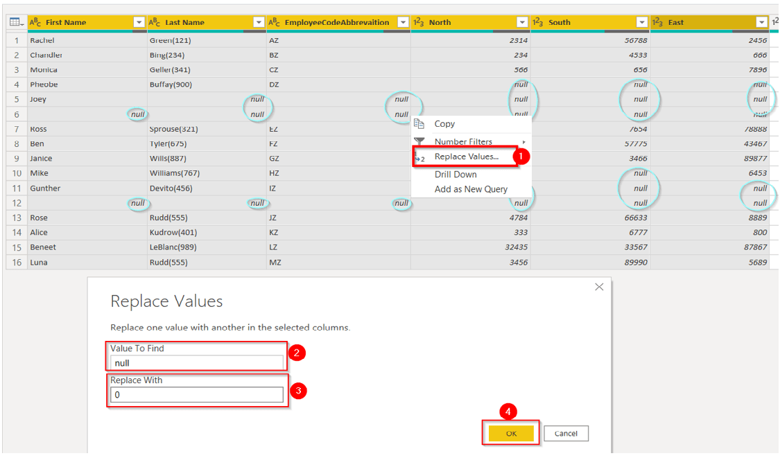 Power BI transform data - Replace Null Value