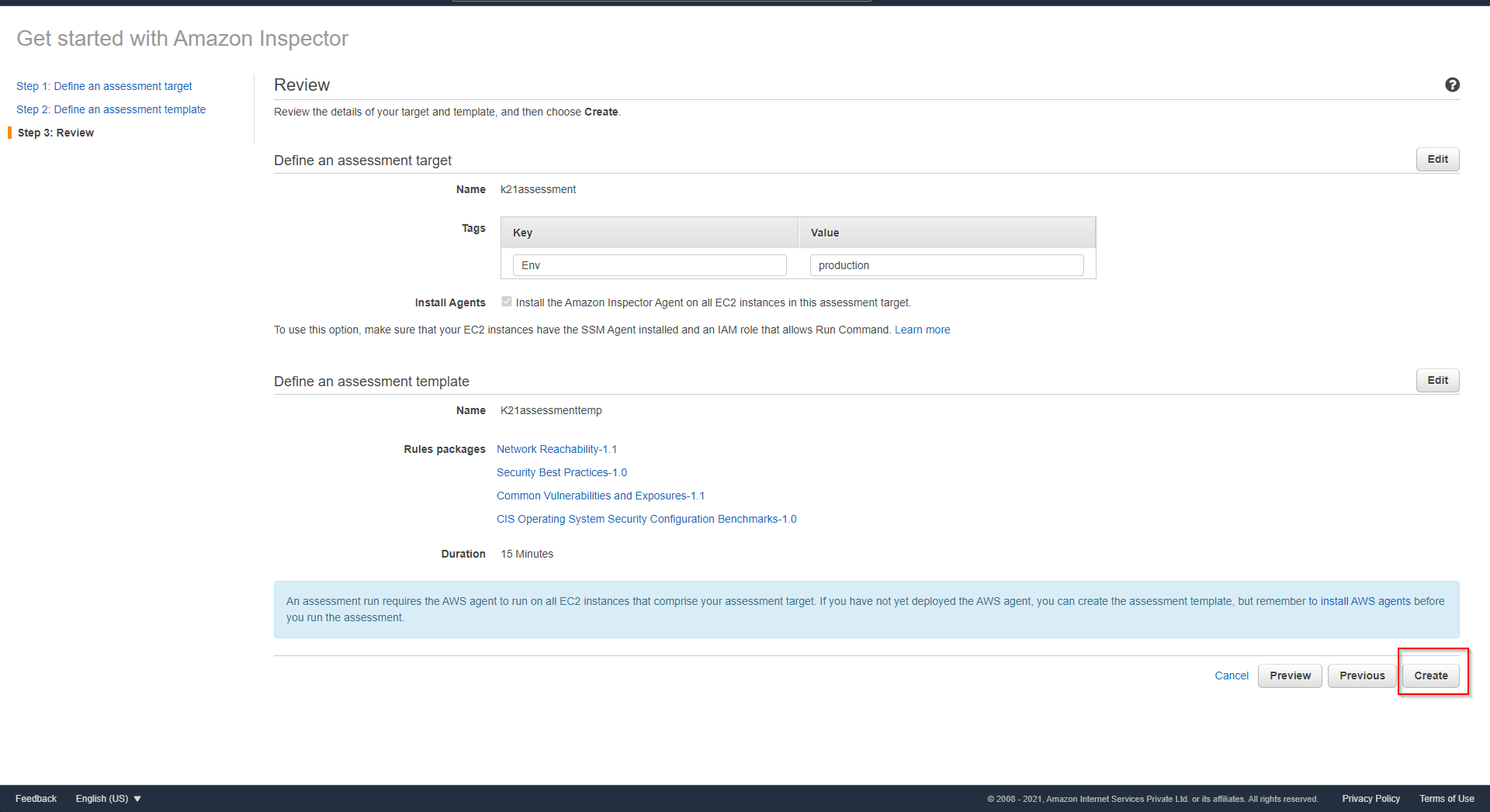 review and click on create