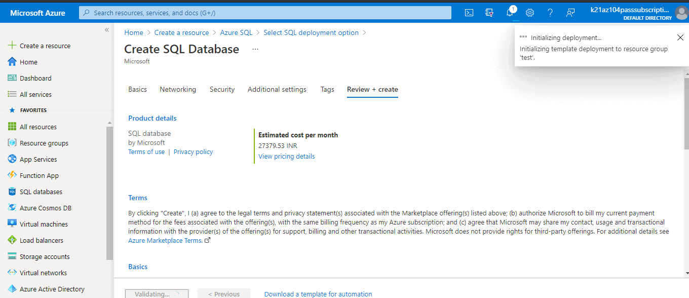 Review and create SQL database
