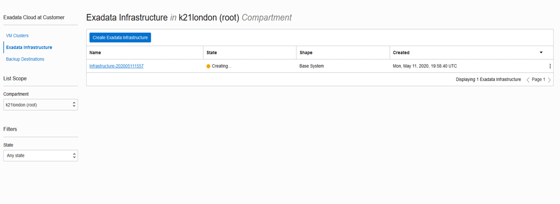 ExaCC creating state