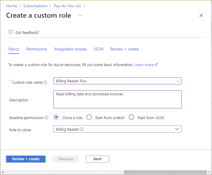 Custom role in azure