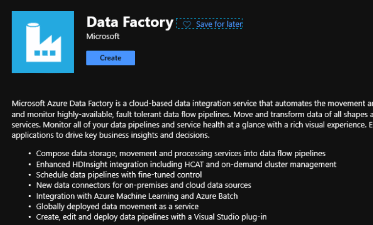 select data factory service in Azure portal