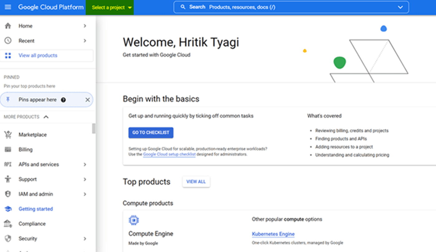 Select a project in google cloud platform