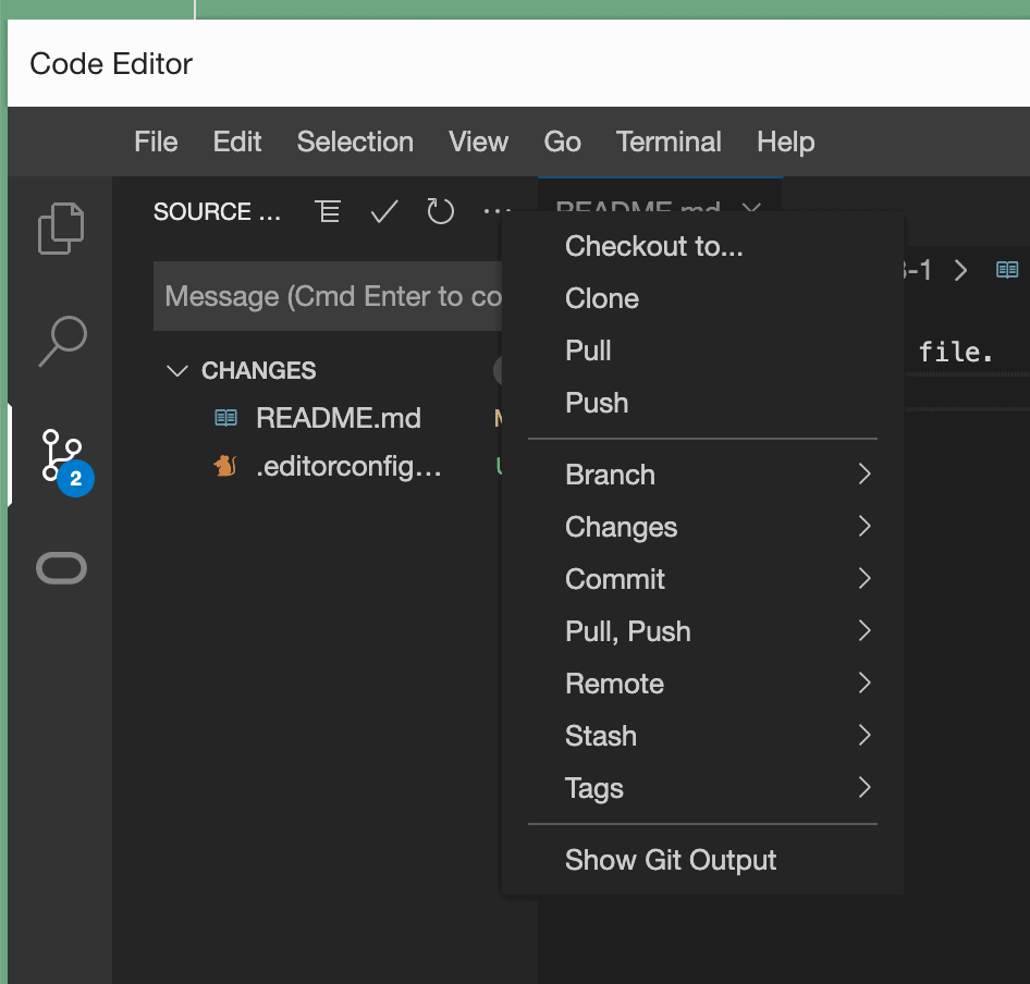OCI Code Editor: Git actions