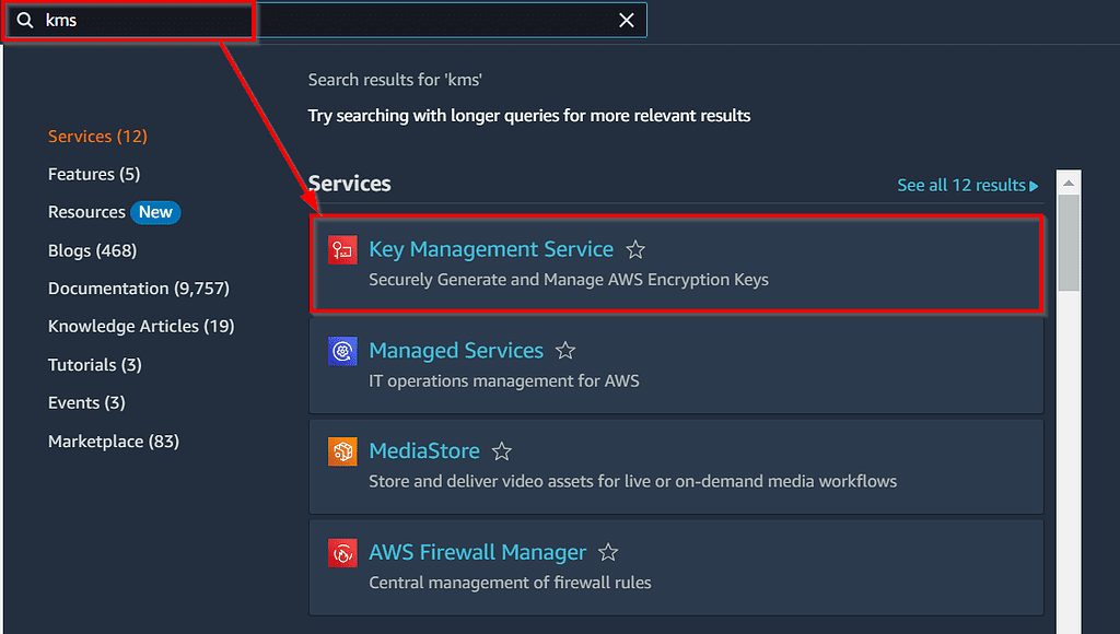 Open Key Management Service (KMS) Console in aws console
